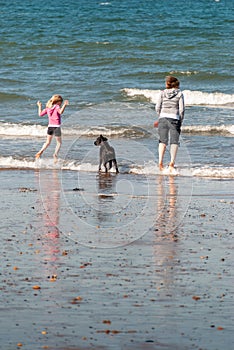 A mother and daughter with a dog jump over the breaking waves on a beach