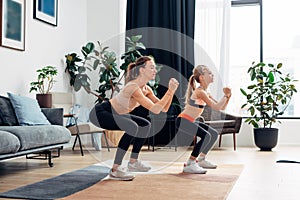 Mother and daughter doing squats. Home training.