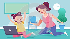 A mother and daughter duo bonding over a virtual Zumba session laughing and having fun as they follow the instructors photo