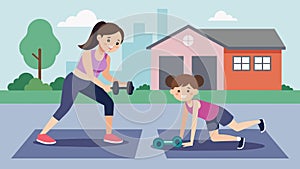 A mother and daughter duo working out side by side in their own driveway following instructions from a mobile gym