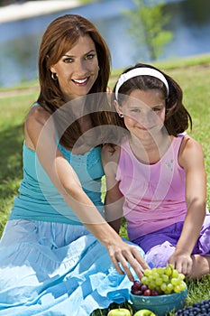 Mother & Daughter Eating Healthy Fruit Picnic