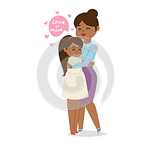 Mother and daughter embracing with love, young African descent girl hugs her mom, both smiling. Mother s Day celebration