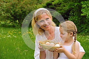 Mother and daughter having Easter time