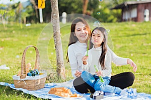 Mother and daughter having fun blowing soap bubbles during a picnic