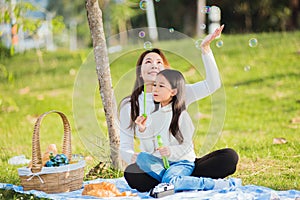 Mother and daughter having fun blowing soap bubbles during a picnic