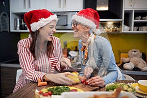 A mother and daughter having fun preparing A Xmas meal in the kitchen together. Christmas, family, together