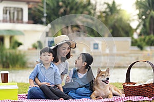 Mother and daughter having a picnic And playing with Shiba Inu puppies during the holidays