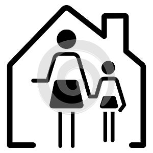 Mother and daughter on house icon. Single parent family concept
