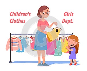 Mother and daughter kid choosing clothes on shop
