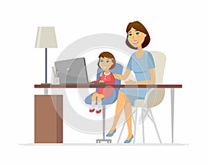 Mother and daughter at the laptop - cartoon people characters illustration