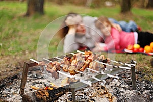 Mother and daughter lie near campfire with grill