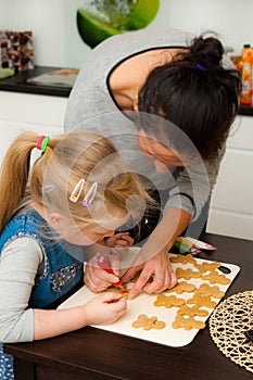 Mother and daughter making gingerbread cookies at home