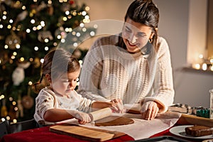 mother and daughter making gingerbread at home