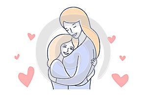 Mother and daughter. Motherhood love. Mom hugging a child hand drawn style vector illustration