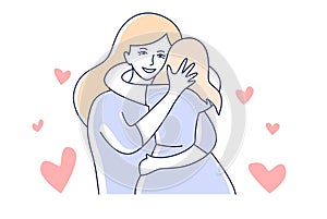 Mother and daughter. Motherhood love. Mom hugging a kid hand drawn style vector illustration