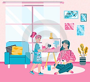 Mother and daughter painting a picture at home - cartoon woman and kid