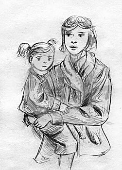 Mother and daughter pencil sketch photo