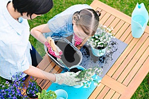 Mother and daughter planting flowers in pots in the garden - concept of working together, closeness