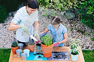 Mother and daughter planting flowers in pots in the garden - concept of working together, closeness photo