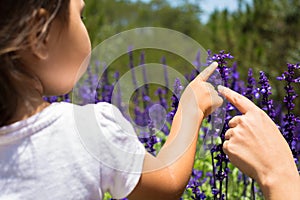 Mother and daughter playing in a flower field. little girl learning about flowers. curious about nature. enjoying the outdoors