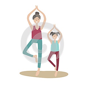Mother and daughter practicing yoga standing on one leg. Family Sports and physical activity with children, joint active