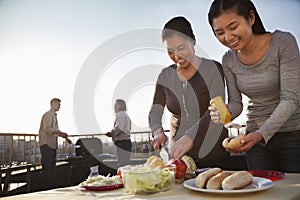 Mother and daughter preparing hot dogs for barbeque, father and son preparing sausages on barbeque