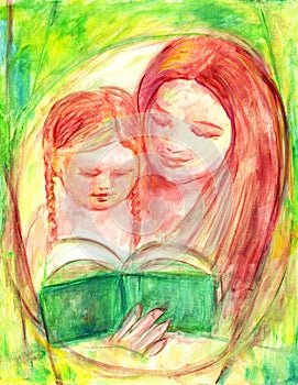 Mother and Daughter Reading at Story Time Impressionist Painting