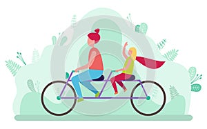 Mother and Daughter Riding Double Bicycle Vector