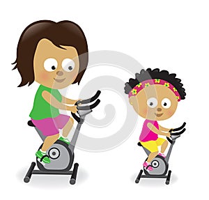 Mother and daughter riding exercise bikes 2