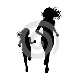 Mother with daughter running, isolated vector silhouette