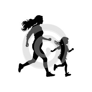 Mother with daughter running, isolated vector silhouette