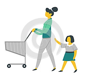 Mother and daughter on shopping with supermarket cart parenthood and child care