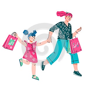 Mother with daughter shopping together, cartoon vector illustration isolated.