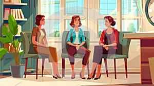 A mother and daughter are sitting in a therapist's office or a principal's cabinet. Cartoon modern illustration photo