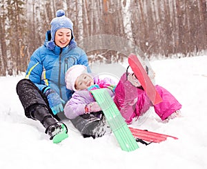 Mother and daughter skiing