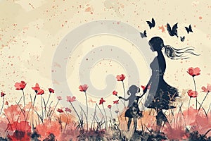 Mother and daughter smiling and walking in flower field. Family holiday and togetherness. illustration style. ai