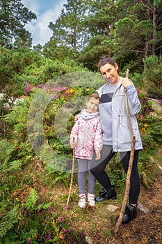 Mother and daughter standing on hill, surrounded by colourful heathers, ferns and pine forest
