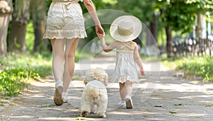 Mother and daughter strolling in sunny park with charming dog companion on a pleasant day