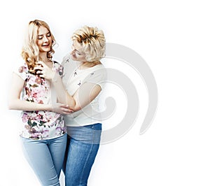 mother with daughter together posing happy smiling isolated on white background with copyspace, lifestyle people concept