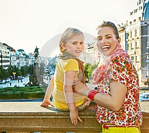 Mother and daughter tourists on Vaclavske namesti in Prague