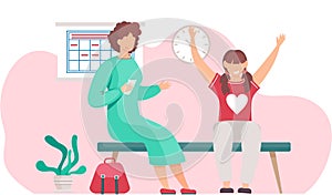 Mother and daughter waiting on bench indoor. Vector illustration with woman with bag and girl