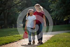 a mother and daughter walking together on the path in the park