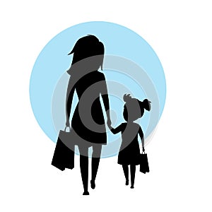 Mother and daughter walking together with shopping bags holding hands silhouette vector illustration