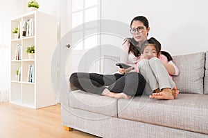 Mother and daughter watching movies with home TV