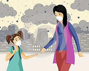 Mother, daughter wearing masks flat illustration. Woman with little girl walking at industrial district, breathing smog