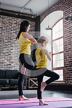 Mother and daughter wearing sports clothing practicing yoga together meditating standing on one leg with hands in prayer