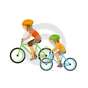 Mother and daughter, woman and child riding bicycle together, healthy active family doing sport exercises