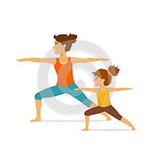 Mother and daughter, woman and girl child doing yoga exercises, standing in warrior two position