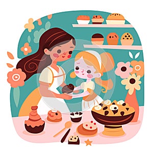 Mother Daugther Baking In Kitchen