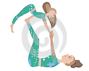 Mother and daugther exersize yoga together. People isolated on white background in similar sport suits.Flat style